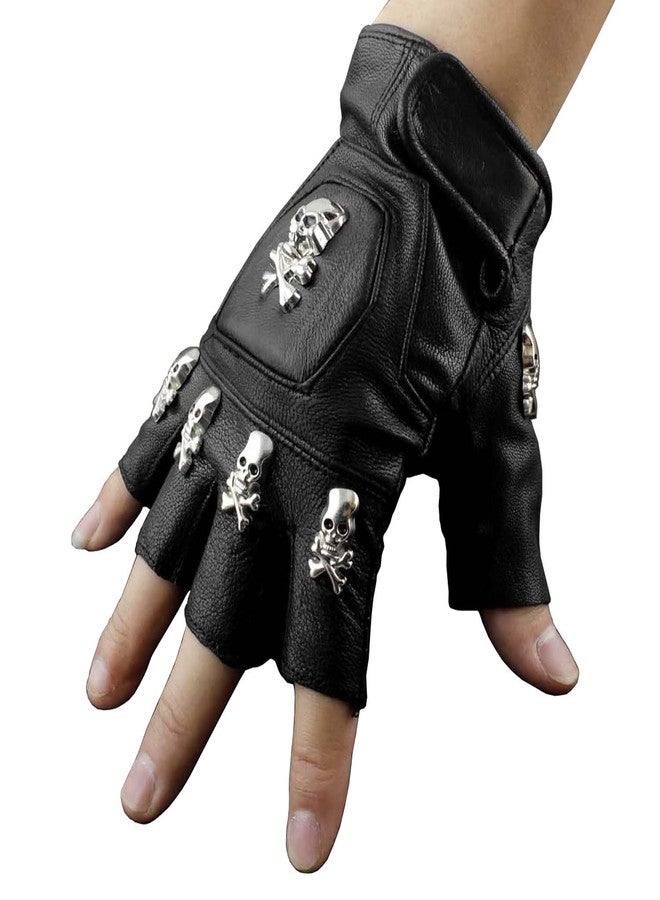 vogueteen Mens Real Leather Skull Punk Rocker Driving Motorcycle Biker Fingerless Gloves - Image 2